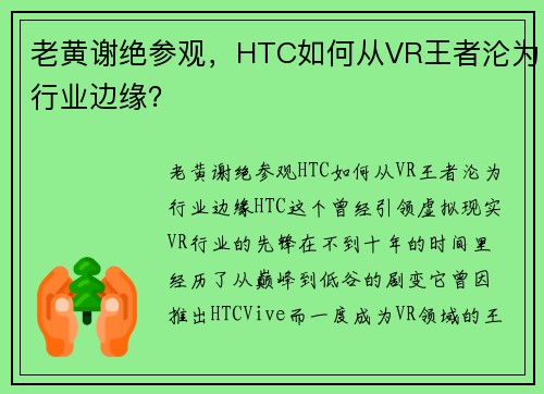 老黄谢绝参观，HTC如何从VR王者沦为行业边缘？